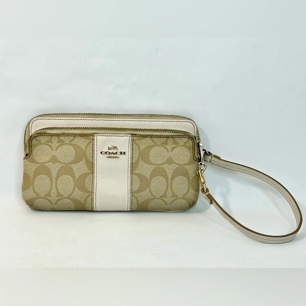 Coach Signature CC Khaki Double Zip Wristlet Wallet F52848